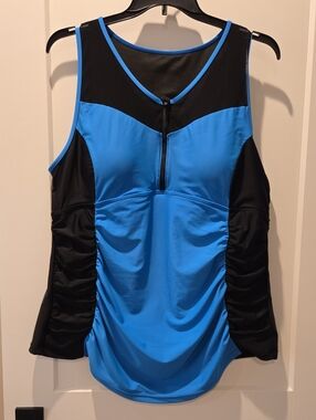 BloomChic Blue and Black Women's Swim Tank Top with Front Zip